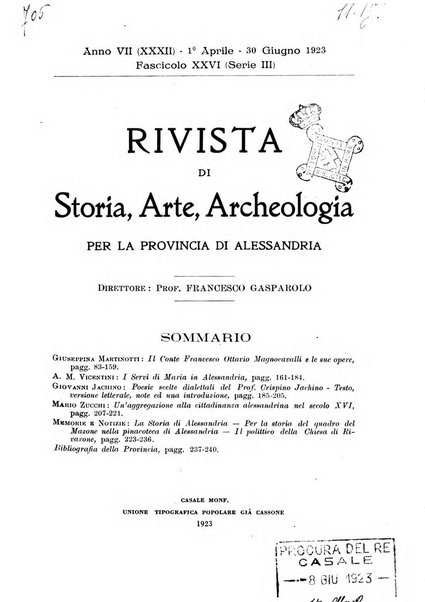 Rivista di storia, arte, archeologia della provincia di Alessandria periodico semestrale della commissione municipale di Alessandria