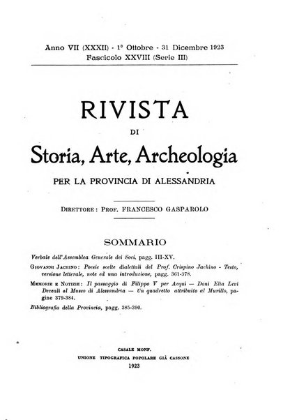 Rivista di storia, arte, archeologia della provincia di Alessandria periodico semestrale della commissione municipale di Alessandria