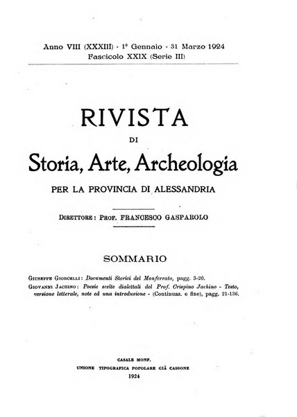 Rivista di storia, arte, archeologia della provincia di Alessandria periodico semestrale della commissione municipale di Alessandria