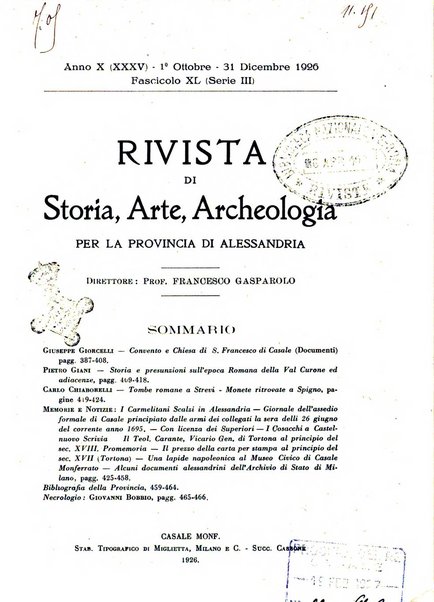 Rivista di storia, arte, archeologia della provincia di Alessandria periodico semestrale della commissione municipale di Alessandria