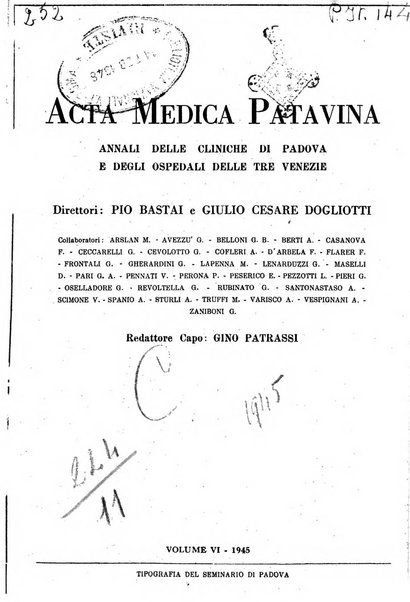 Acta medica patavina annali delle cliniche di Padova e degli ospedali delle Tre Venezie