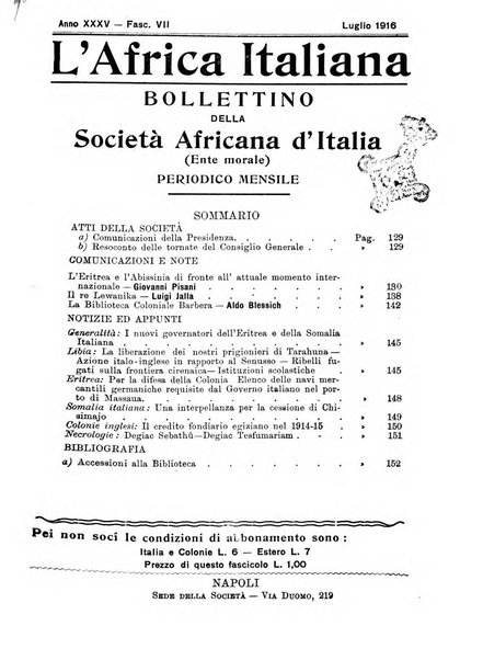 L'Africa italiana bollettino della Società africana d'Italia