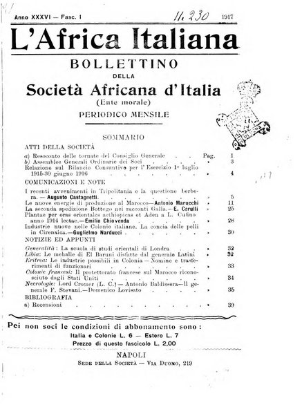 L'Africa italiana bollettino della Società africana d'Italia