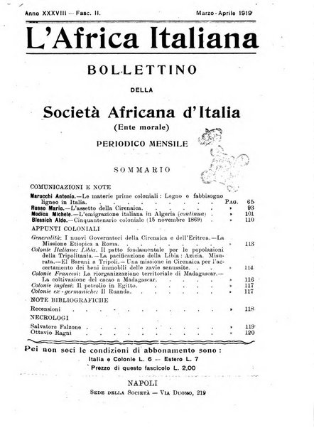 L'Africa italiana bollettino della Società africana d'Italia