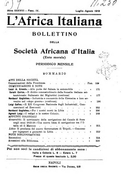 L'Africa italiana bollettino della Società africana d'Italia