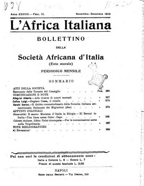 L'Africa italiana bollettino della Società africana d'Italia