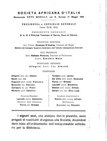 L'Africa italiana bollettino della Società africana d'Italia