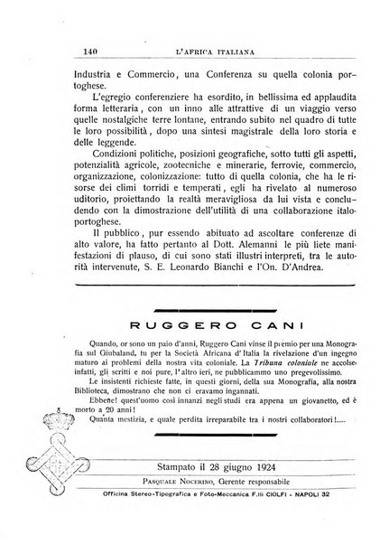 L'Africa italiana bollettino della Società africana d'Italia