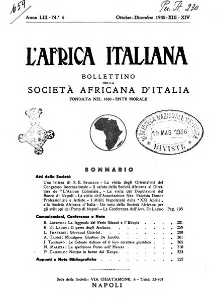 L'Africa italiana bollettino della Società africana d'Italia