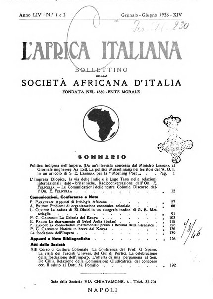 L'Africa italiana bollettino della Società africana d'Italia