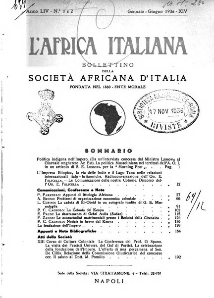 L'Africa italiana bollettino della Società africana d'Italia