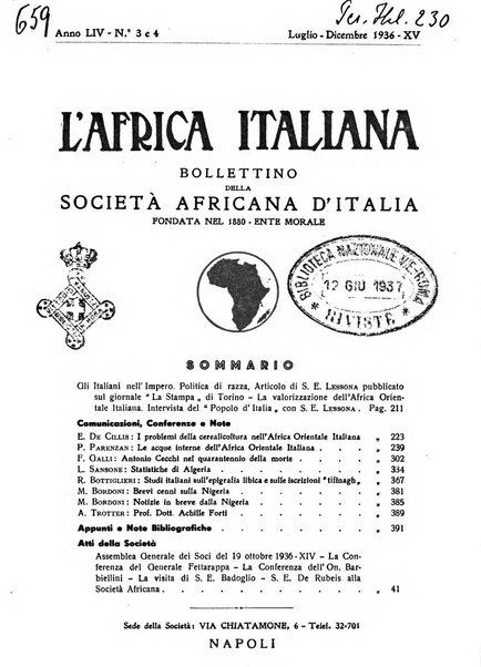 L'Africa italiana bollettino della Società africana d'Italia