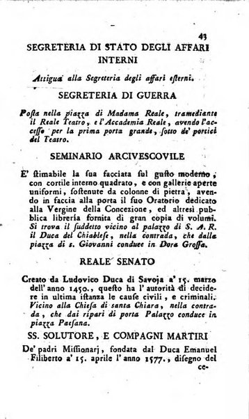 Almanacco reale o sia guida per la città di Torino... presentato per la prima volta a S.S.R.M. dal libraio Onorato Derossi ...