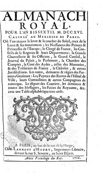 Almanach royal, ... présenté a Sa Majesté pour la premiere fois en 1699 ...