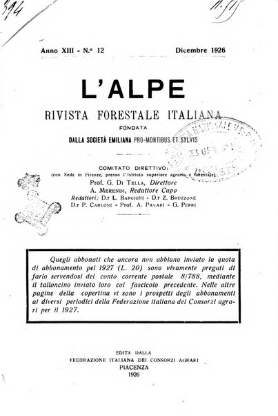 L'alpe rivista forestale italiana fondata dalla Società emiliana pro-montibus et sylvis