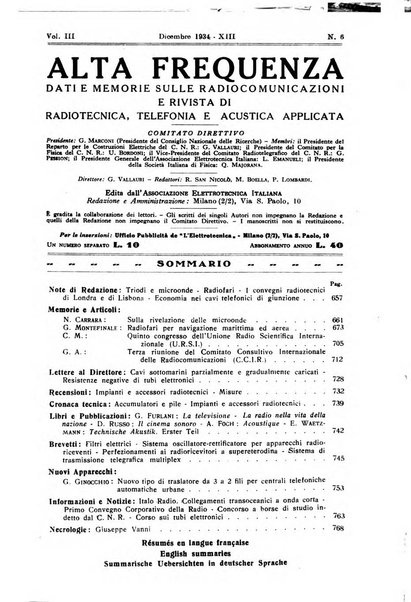 Alta frequenza rivista di radiotecnica, telefonia e acustica applicata