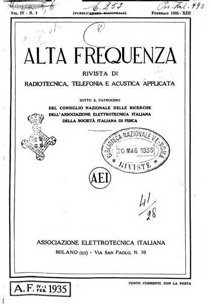 Alta frequenza rivista di radiotecnica, telefonia e acustica applicata