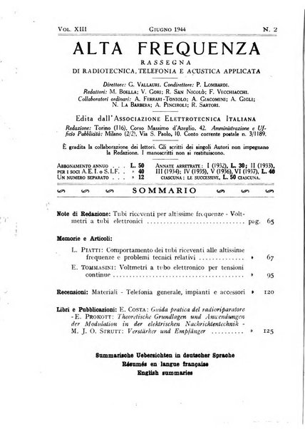 Alta frequenza rivista di radiotecnica, telefonia e acustica applicata