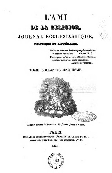 L'ami de la religion journal et revue ecclesiastique, politique et litteraire