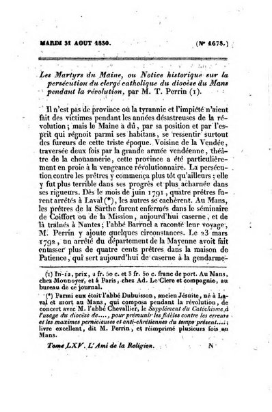 L'ami de la religion journal et revue ecclesiastique, politique et litteraire