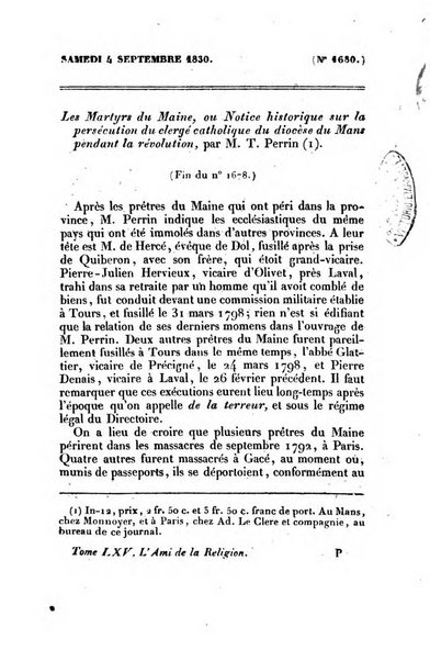 L'ami de la religion journal et revue ecclesiastique, politique et litteraire