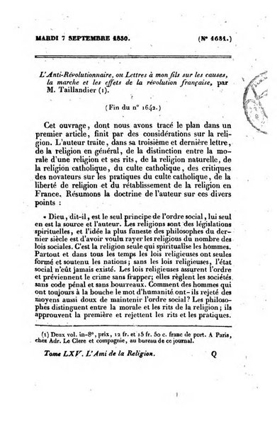 L'ami de la religion journal et revue ecclesiastique, politique et litteraire