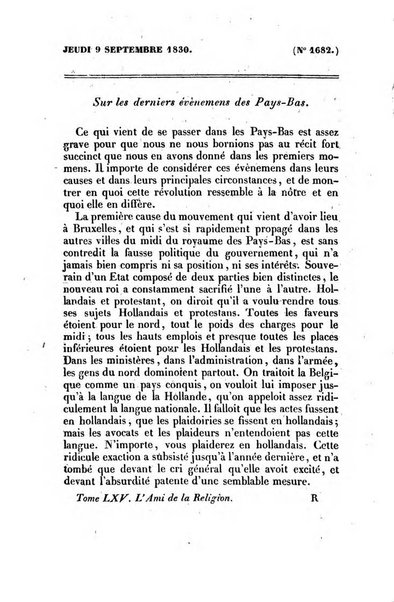 L'ami de la religion journal et revue ecclesiastique, politique et litteraire