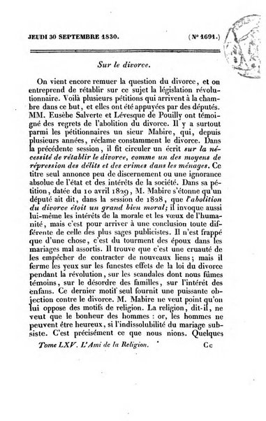 L'ami de la religion journal et revue ecclesiastique, politique et litteraire