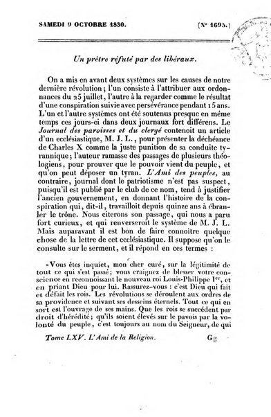 L'ami de la religion journal et revue ecclesiastique, politique et litteraire