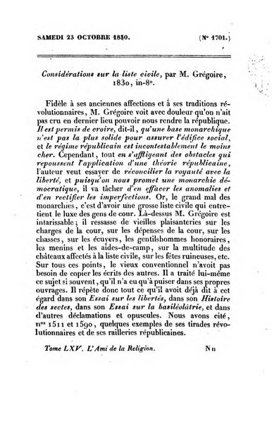 L'ami de la religion journal et revue ecclesiastique, politique et litteraire