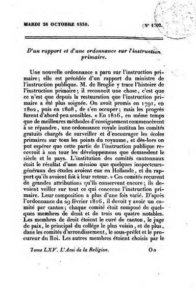 L'ami de la religion journal et revue ecclesiastique, politique et litteraire