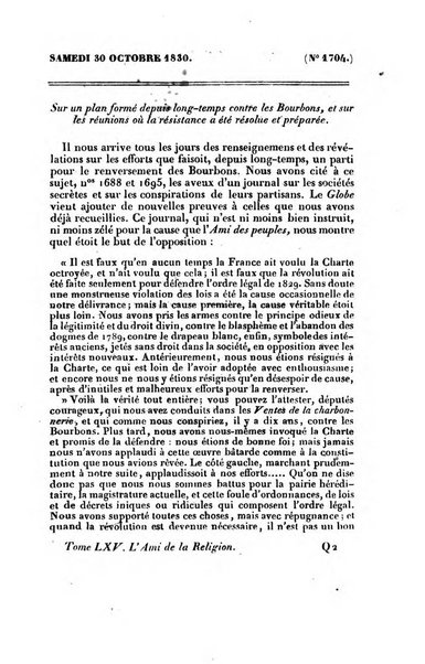 L'ami de la religion journal et revue ecclesiastique, politique et litteraire