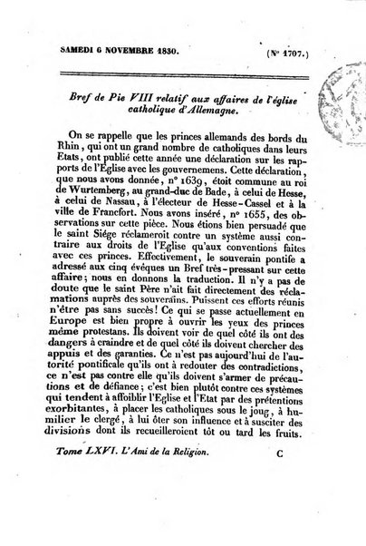 L'ami de la religion journal et revue ecclesiastique, politique et litteraire