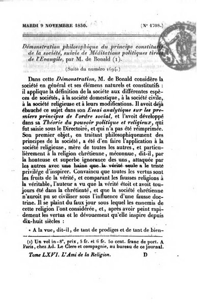 L'ami de la religion journal et revue ecclesiastique, politique et litteraire