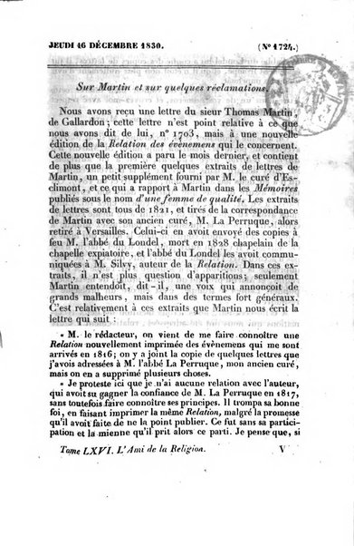 L'ami de la religion journal et revue ecclesiastique, politique et litteraire