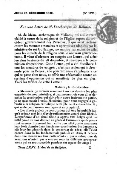 L'ami de la religion journal et revue ecclesiastique, politique et litteraire