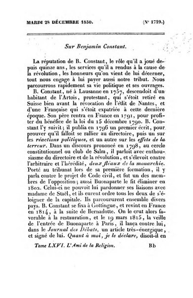 L'ami de la religion journal et revue ecclesiastique, politique et litteraire