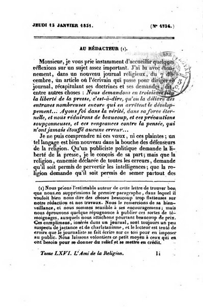 L'ami de la religion journal et revue ecclesiastique, politique et litteraire