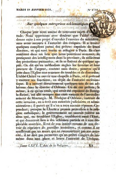 L'ami de la religion journal et revue ecclesiastique, politique et litteraire