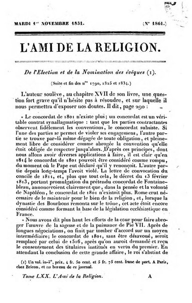 L'ami de la religion journal et revue ecclesiastique, politique et litteraire