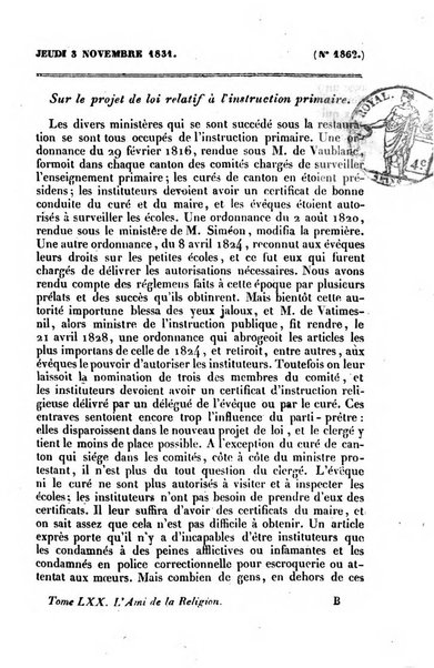 L'ami de la religion journal et revue ecclesiastique, politique et litteraire