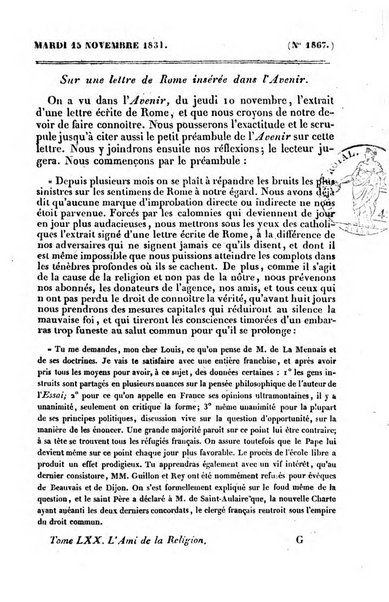 L'ami de la religion journal et revue ecclesiastique, politique et litteraire