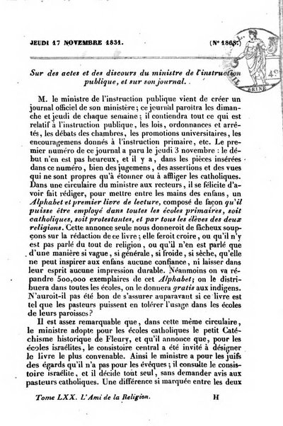 L'ami de la religion journal et revue ecclesiastique, politique et litteraire