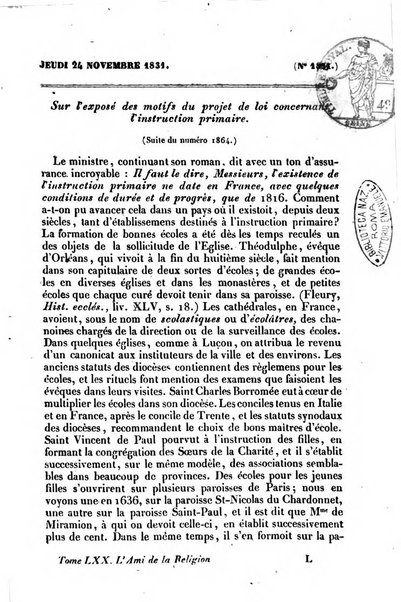 L'ami de la religion journal et revue ecclesiastique, politique et litteraire