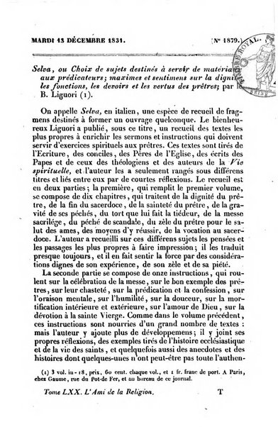 L'ami de la religion journal et revue ecclesiastique, politique et litteraire