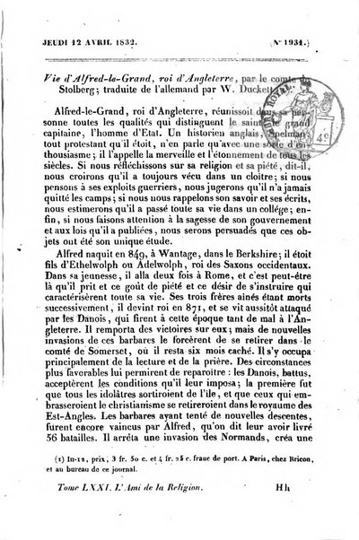 L'ami de la religion journal et revue ecclesiastique, politique et litteraire