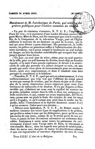 L'ami de la religion journal et revue ecclesiastique, politique et litteraire