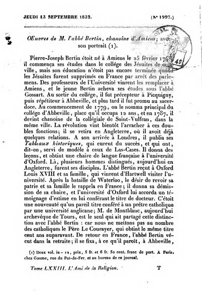 L'ami de la religion journal et revue ecclesiastique, politique et litteraire