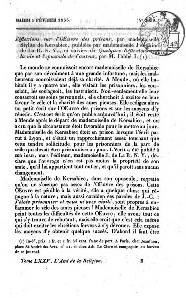 L'ami de la religion journal et revue ecclesiastique, politique et litteraire