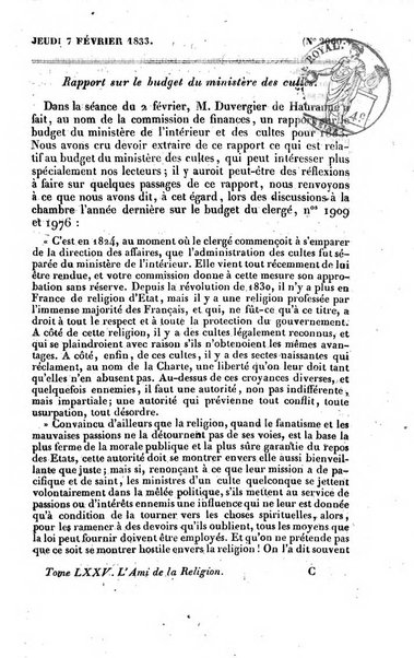 L'ami de la religion journal et revue ecclesiastique, politique et litteraire